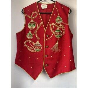 Jenna Vest Women  L Red Wool Christmas Ornaments Embroidery Beaded Holiday